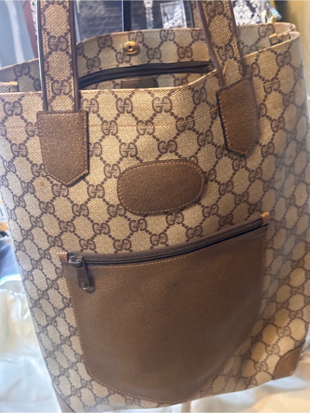 Vintage Gucci GG Monogram Canvas Tote with Brown Leather Trim